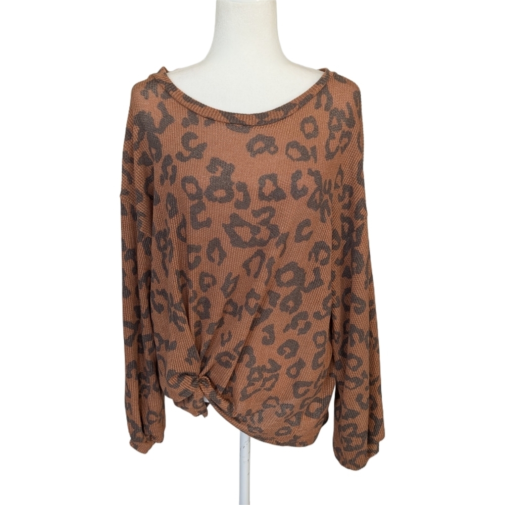 Blu Pepper Brown Leopard Print Front Knot Lightweight Sweatshirt Size Medium